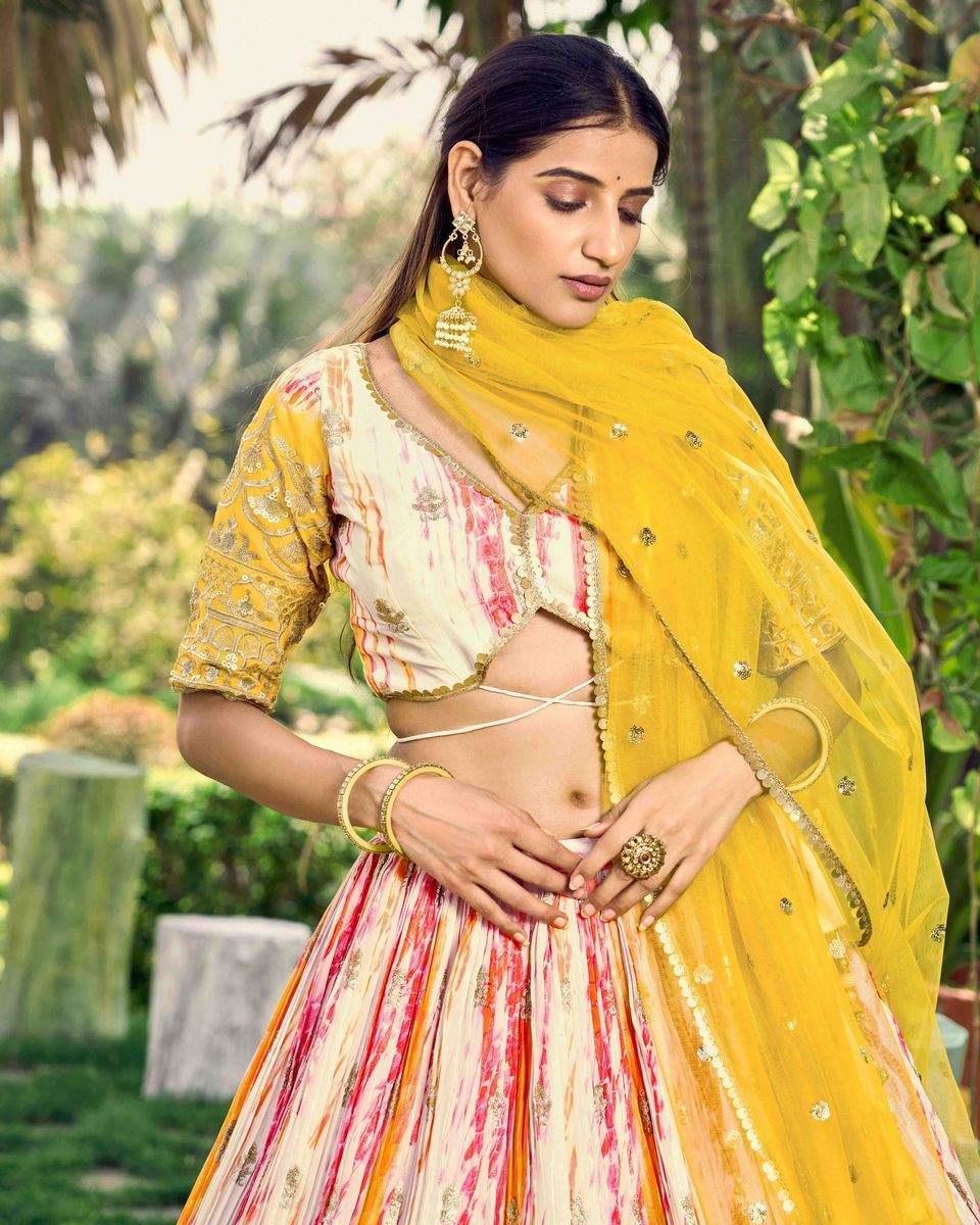 YELLOW SEQUINS ZARI EMBROIDERY WORD WITH DIGITAL PRINT LEHENGA CHOLI