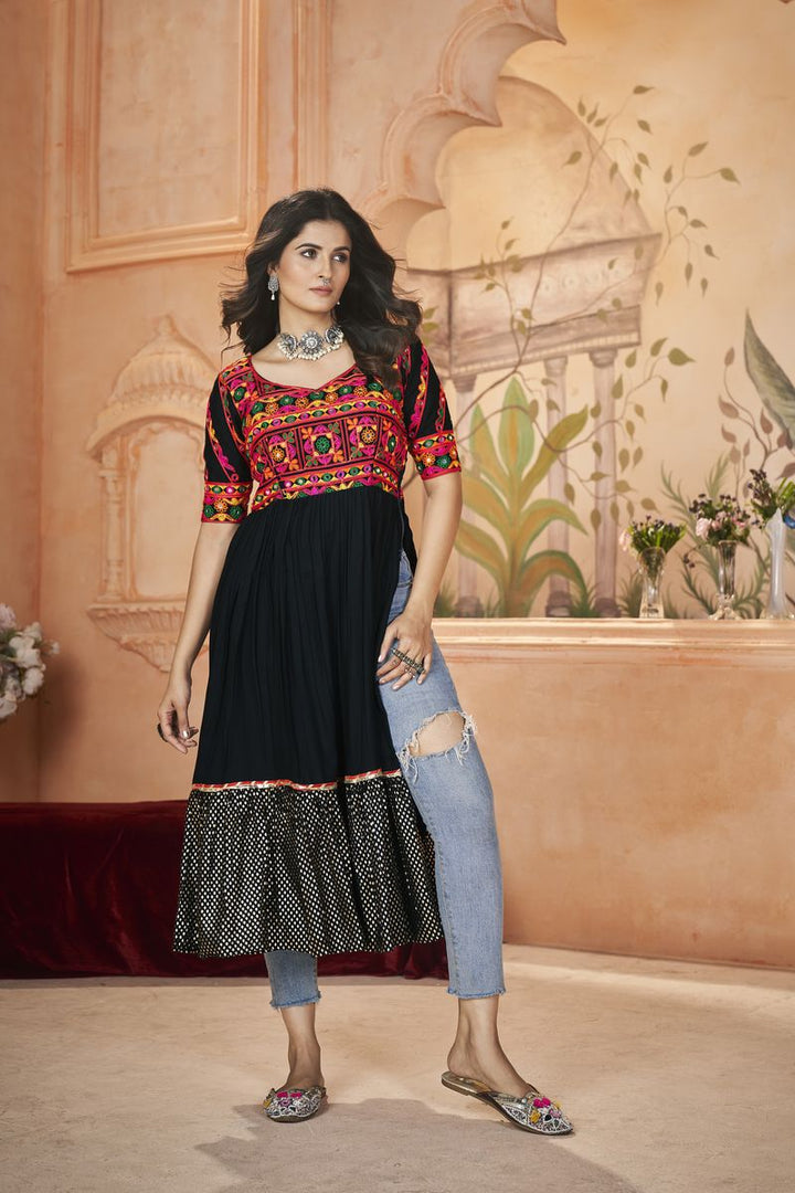 BLACK COLOR RAYON EMBROIDERED WORK AND PRINT TOP