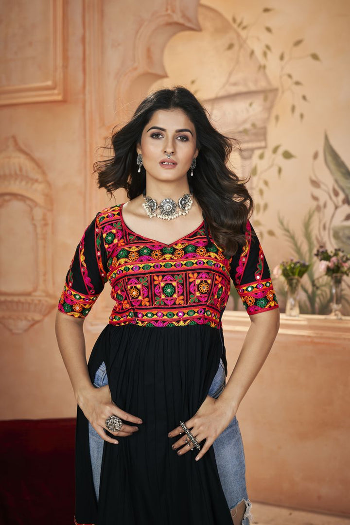 BLACK COLOR RAYON EMBROIDERED WORK AND PRINT TOP