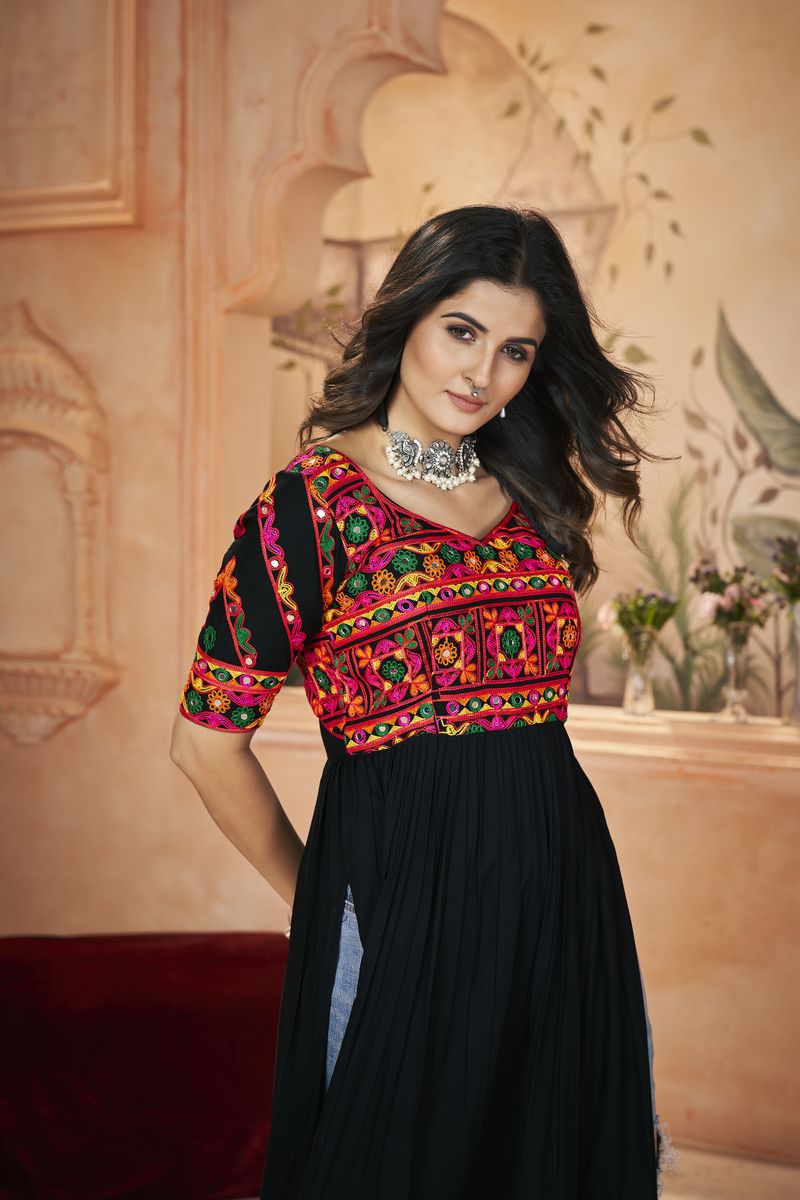 BLACK COLOR RAYON EMBROIDERED WORK AND PRINT TOP