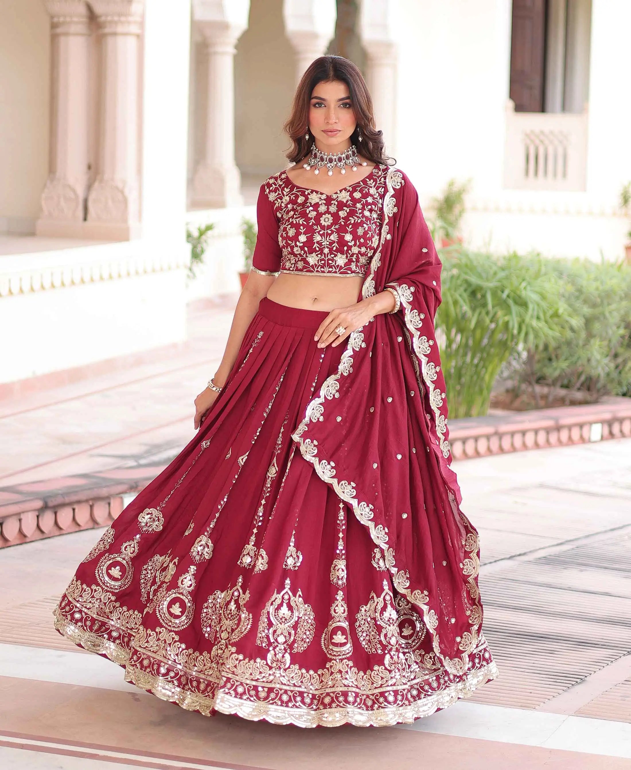 Red Silk Lehenga Choli With Sequins Embroidery Work