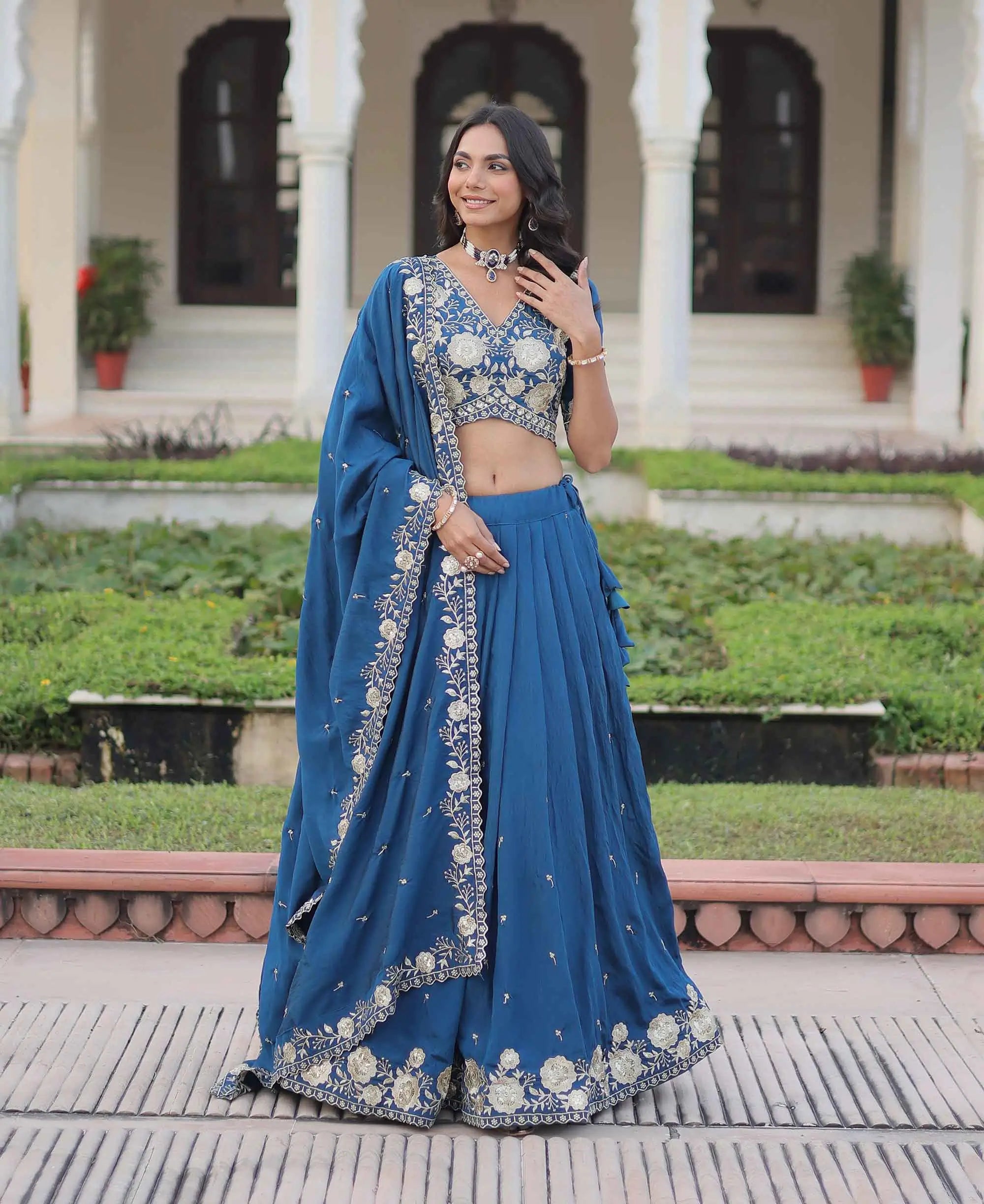 Muted Blue Embroidery Sequins Work Lehenga Choli