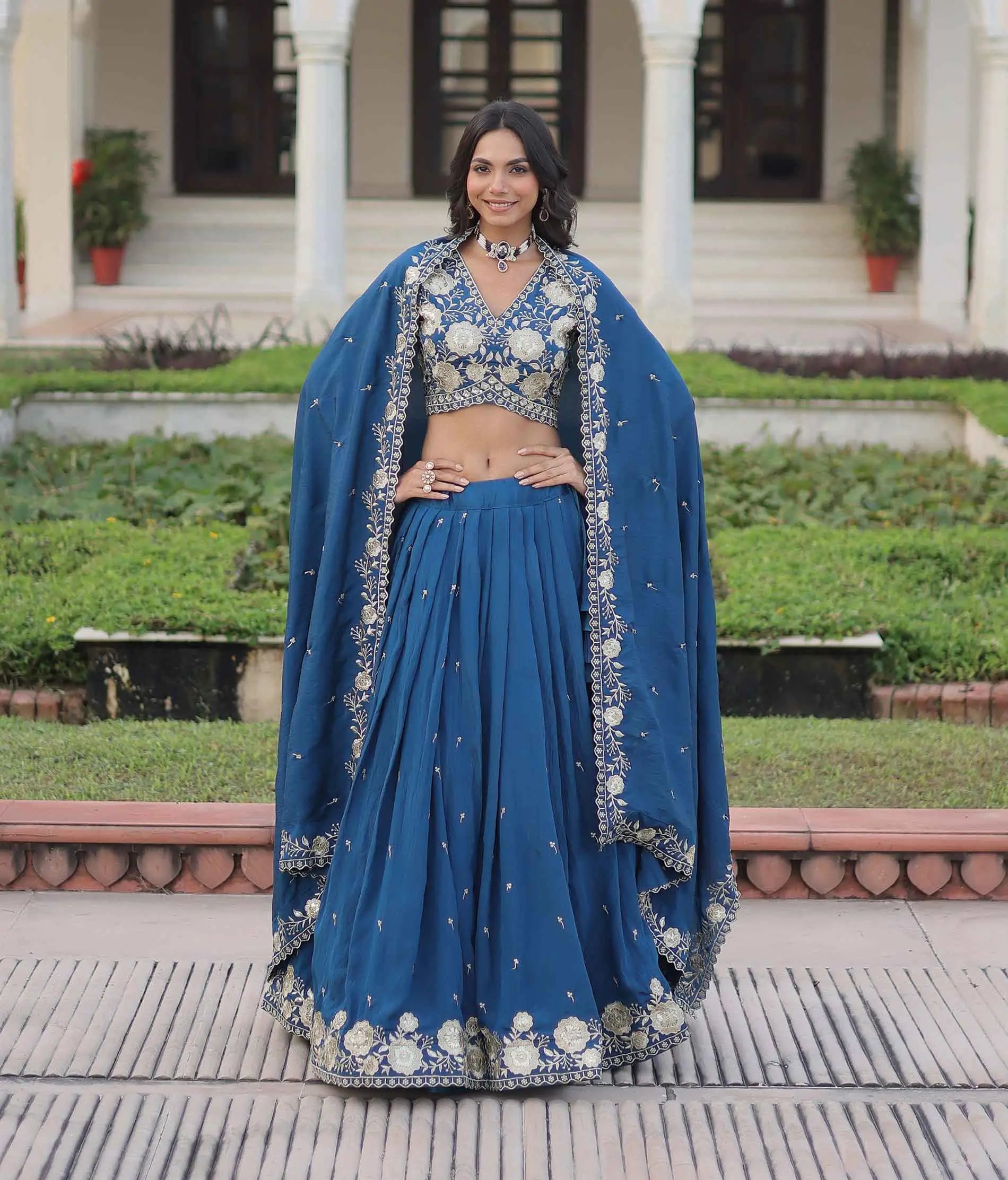 Muted Blue Embroidery Sequins Work Lehenga Choli