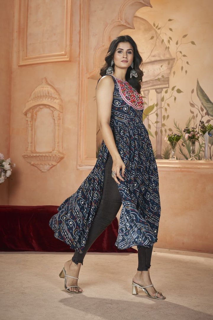 Blue rayon top with intricate embroidered work and printed design on the front