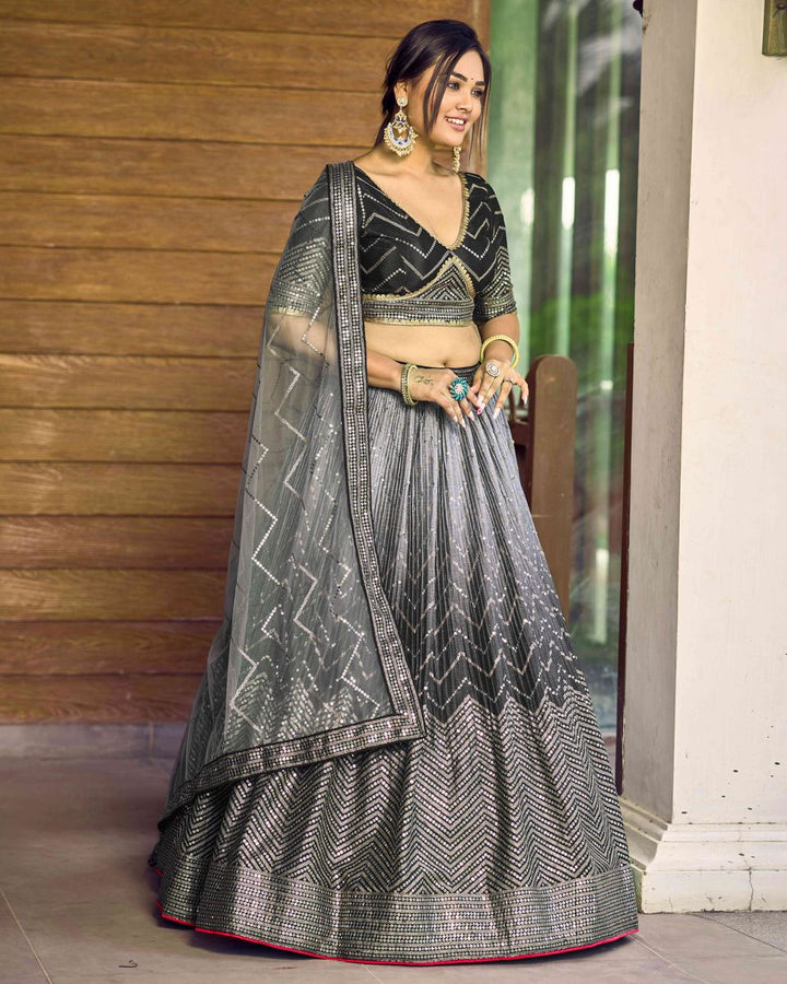 BLACK SEQUINS THREAD EMBROIDERY WORK LEHENGA CHOLI