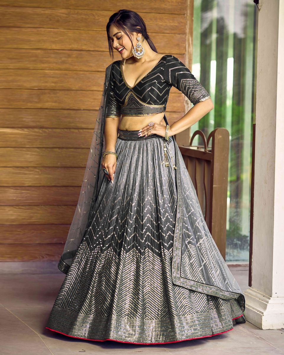 BLACK SEQUINS THREAD EMBROIDERY WORK LEHENGA CHOLI