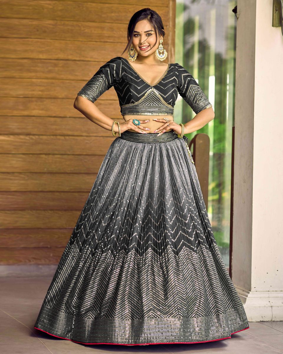 BLACK SEQUINS THREAD EMBROIDERY WORK LEHENGA CHOLI