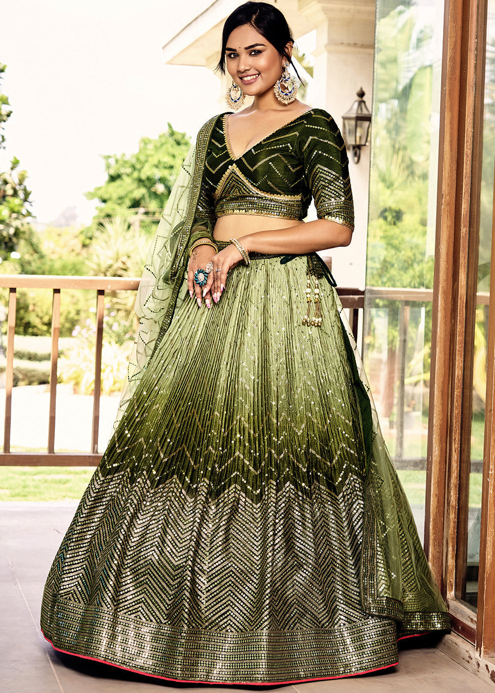 Shades Of Green Soft Net Lehenga Choli with Sequins & Thread Embroidery work | Ready To Wear - qivii