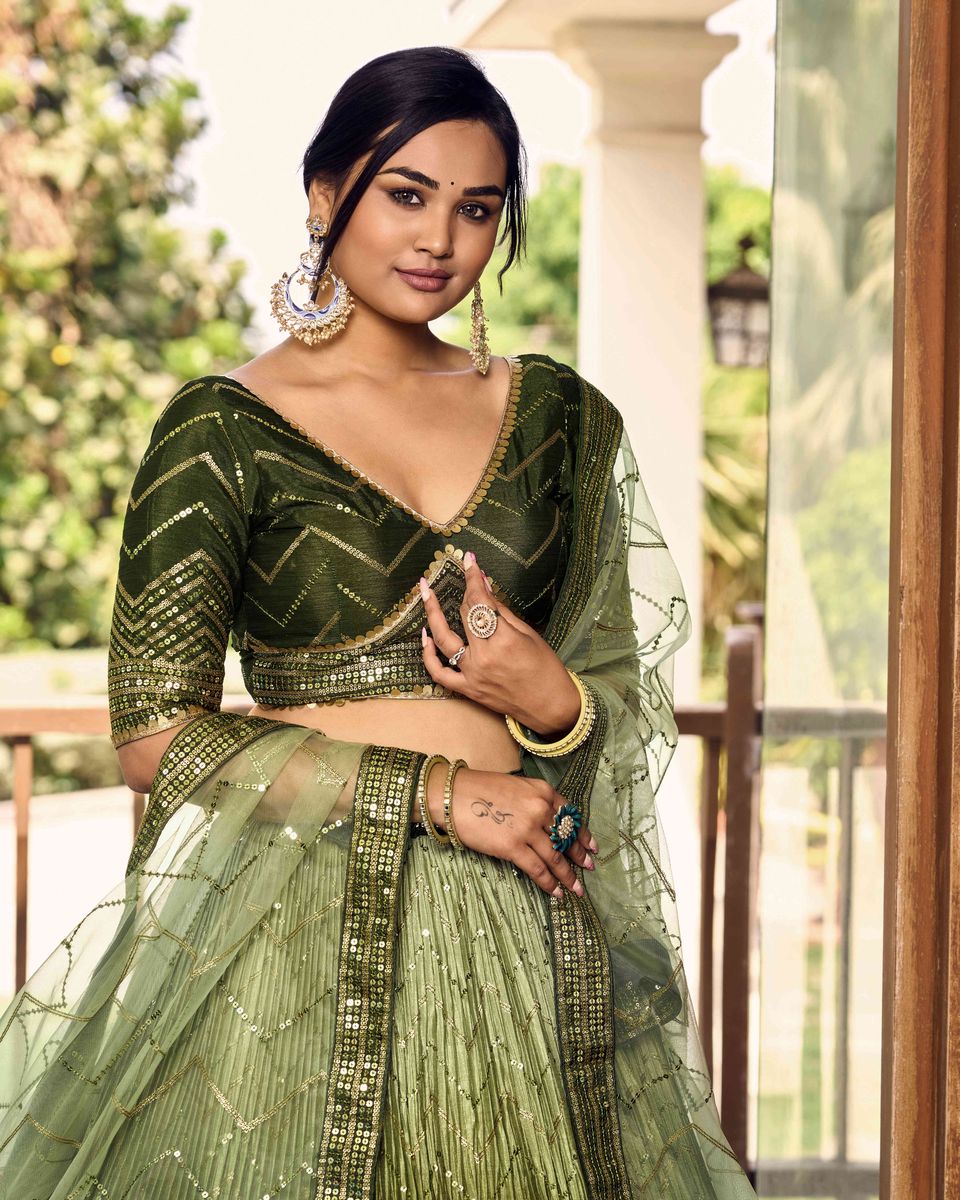 Traditional Indian green lehenga choli with exquisite sequins thread work