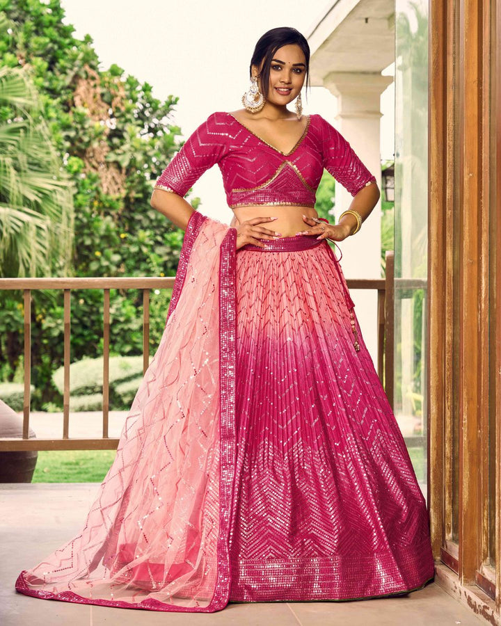 PINK SEQUINS THREAD EMBROIDERY WORK LEHENGA CHOLI