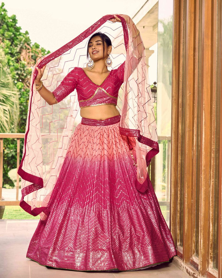 PINK SEQUINS THREAD EMBROIDERY WORK LEHENGA CHOLI