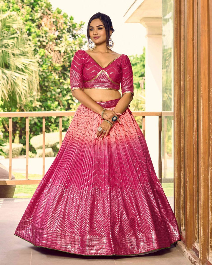 PINK SEQUINS THREAD EMBROIDERY WORK LEHENGA CHOLI