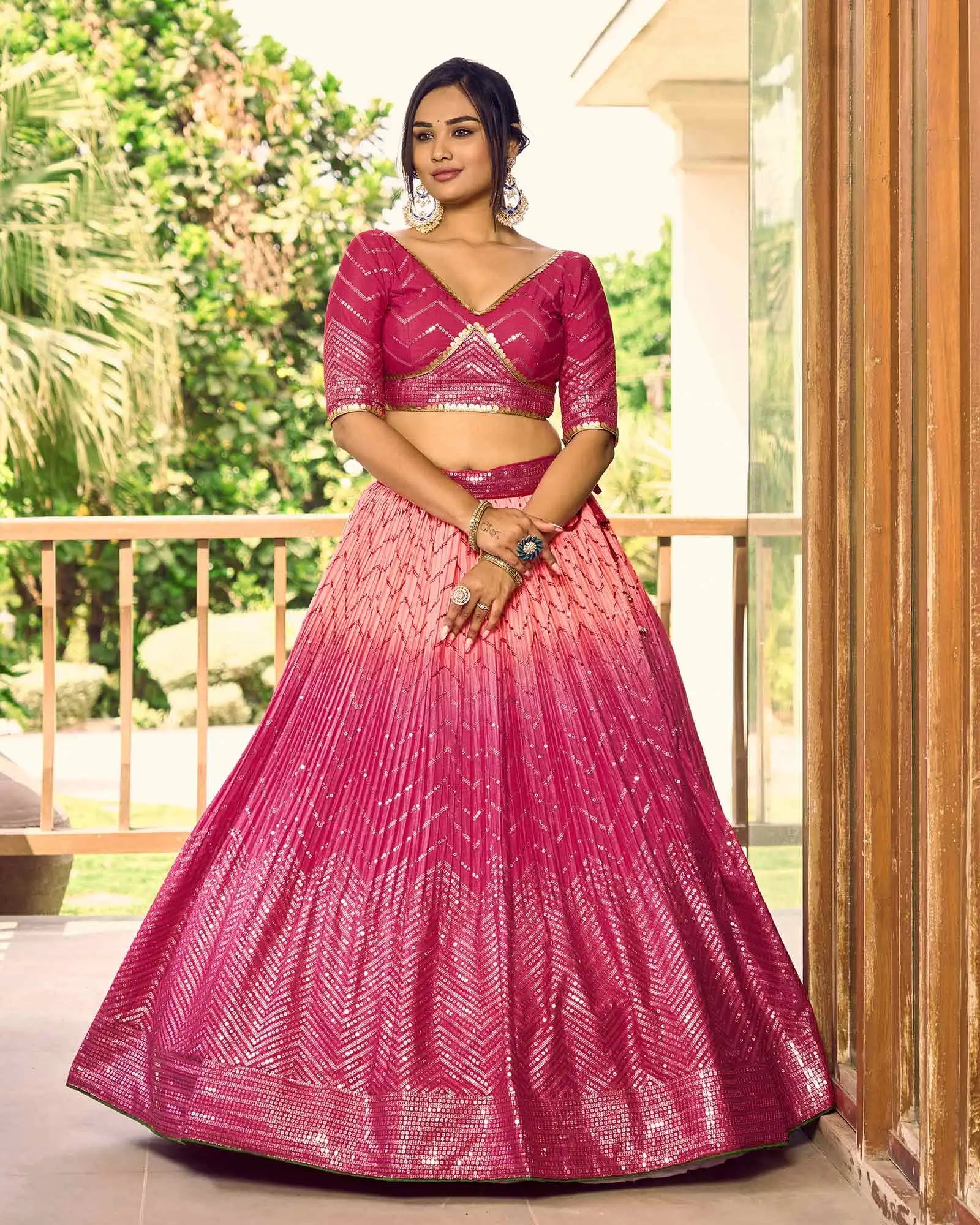 Peach And Pink Lehenga Choli With Thread And Sequins Embroidery Work | Ready To Wear - qivii