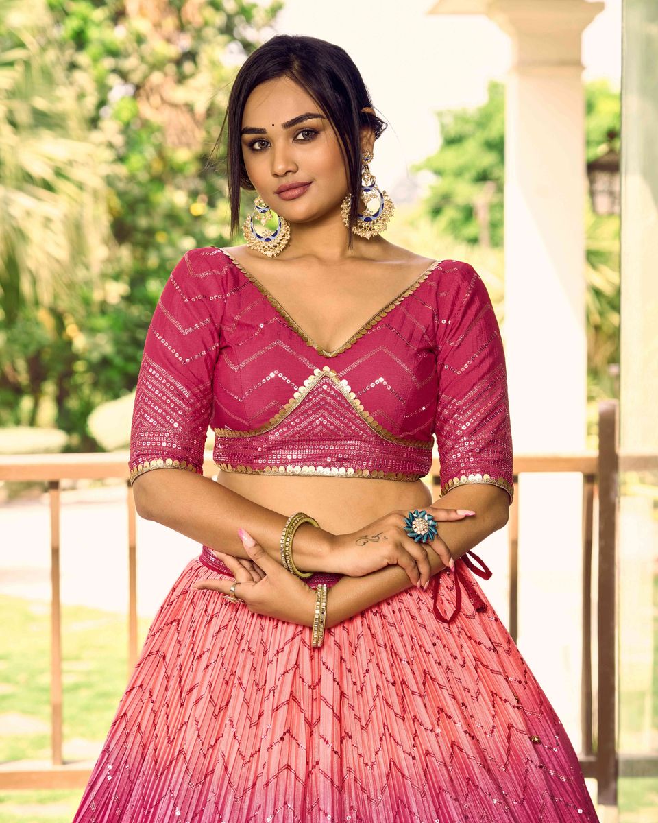 PINK SEQUINS THREAD EMBROIDERY WORK LEHENGA CHOLI