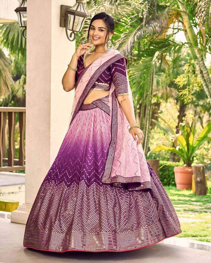 PURPLE SEQUINS THREAD EMBROIDERY WORK LEHENGA CHOLI