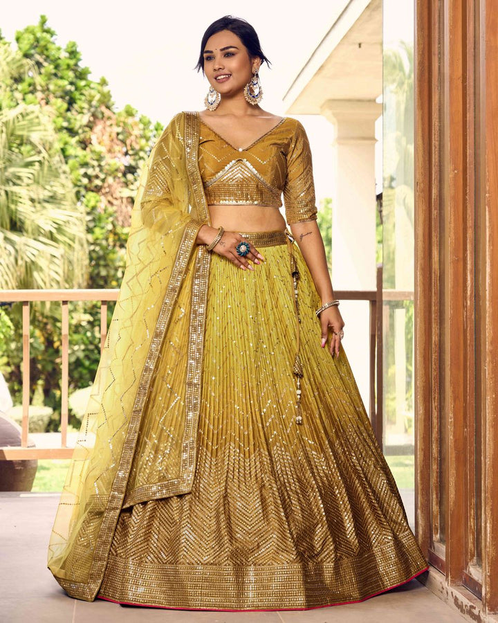 YELLOW SEQUINS THREAD EMBROIDERY WORK LEHENGA CHOLI