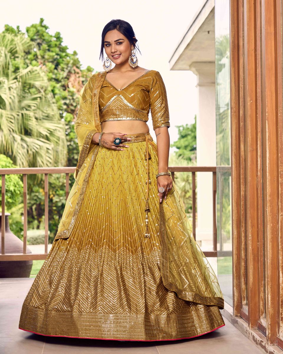 YELLOW SEQUINS THREAD EMBROIDERY WORK LEHENGA CHOLI