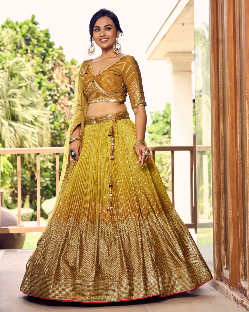 YELLOW SEQUINS THREAD EMBROIDERY WORK LEHENGA CHOLI