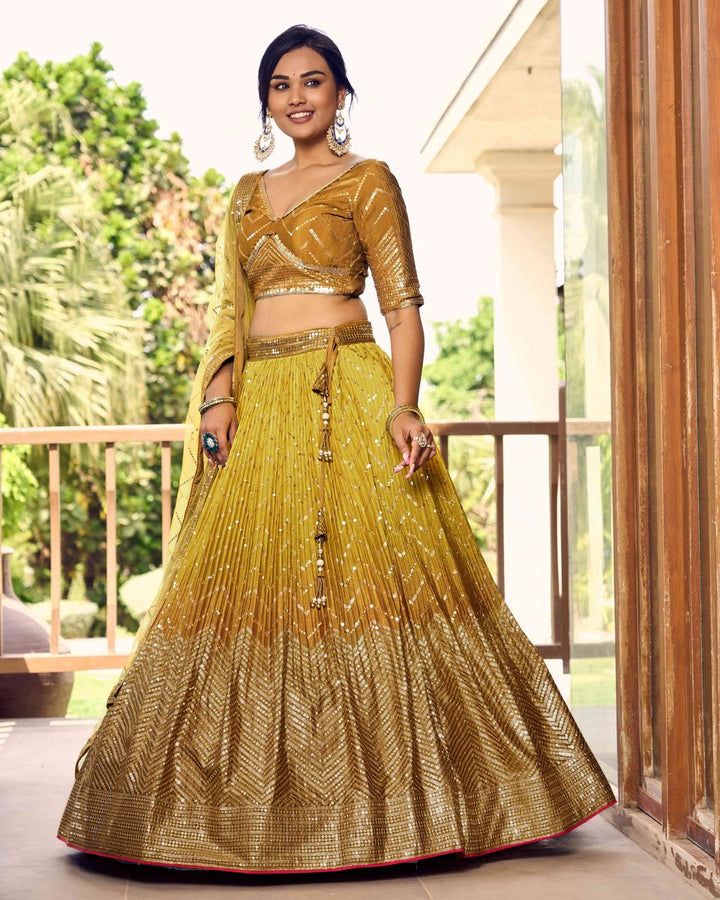 YELLOW SEQUINS THREAD EMBROIDERY WORK LEHENGA CHOLI