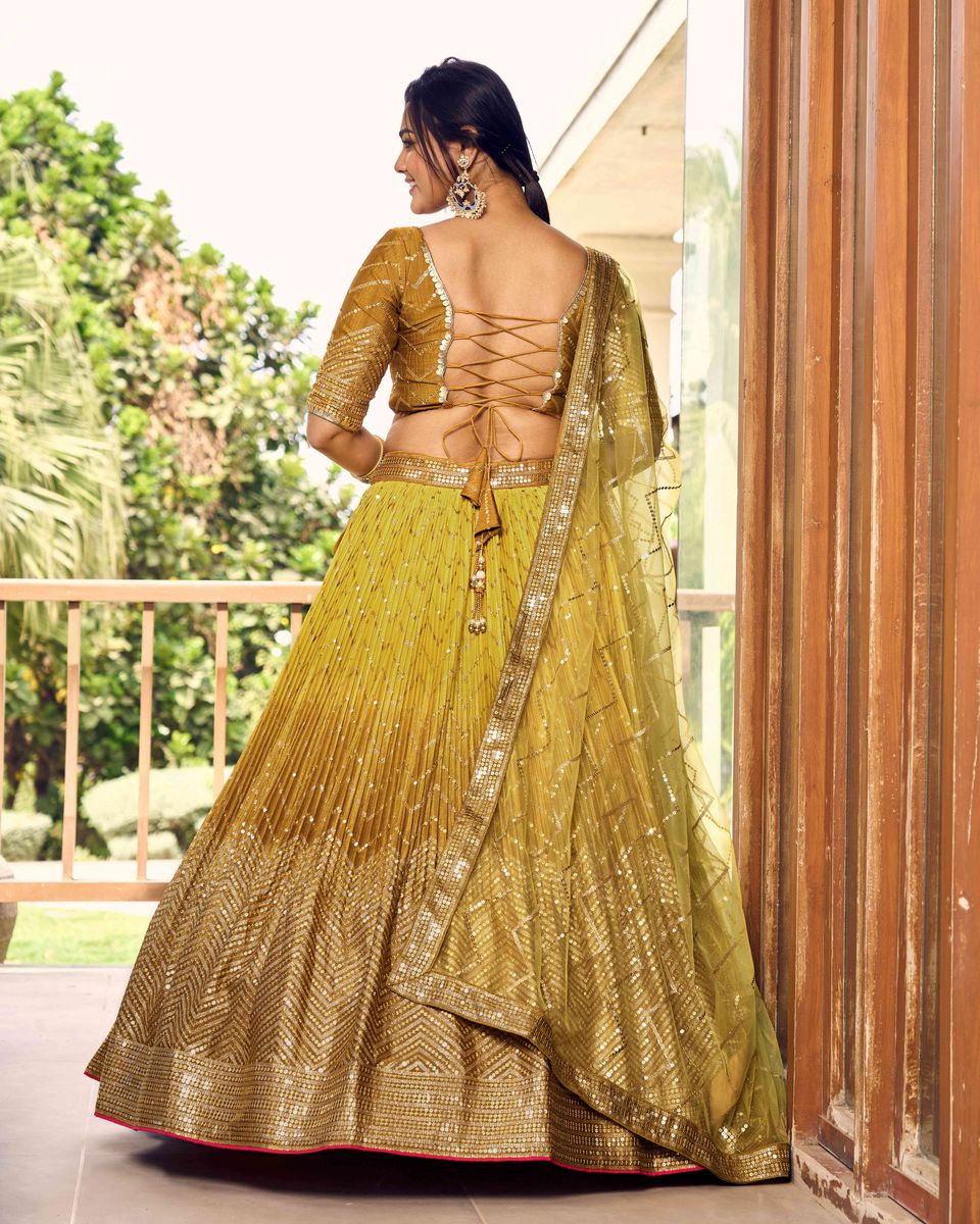 YELLOW SEQUINS THREAD EMBROIDERY WORK LEHENGA CHOLI