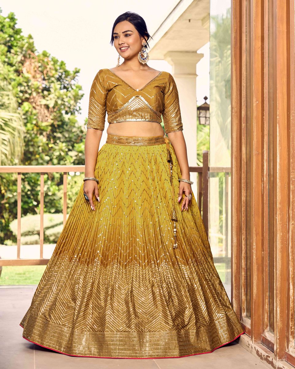 YELLOW SEQUINS THREAD EMBROIDERY WORK LEHENGA CHOLI