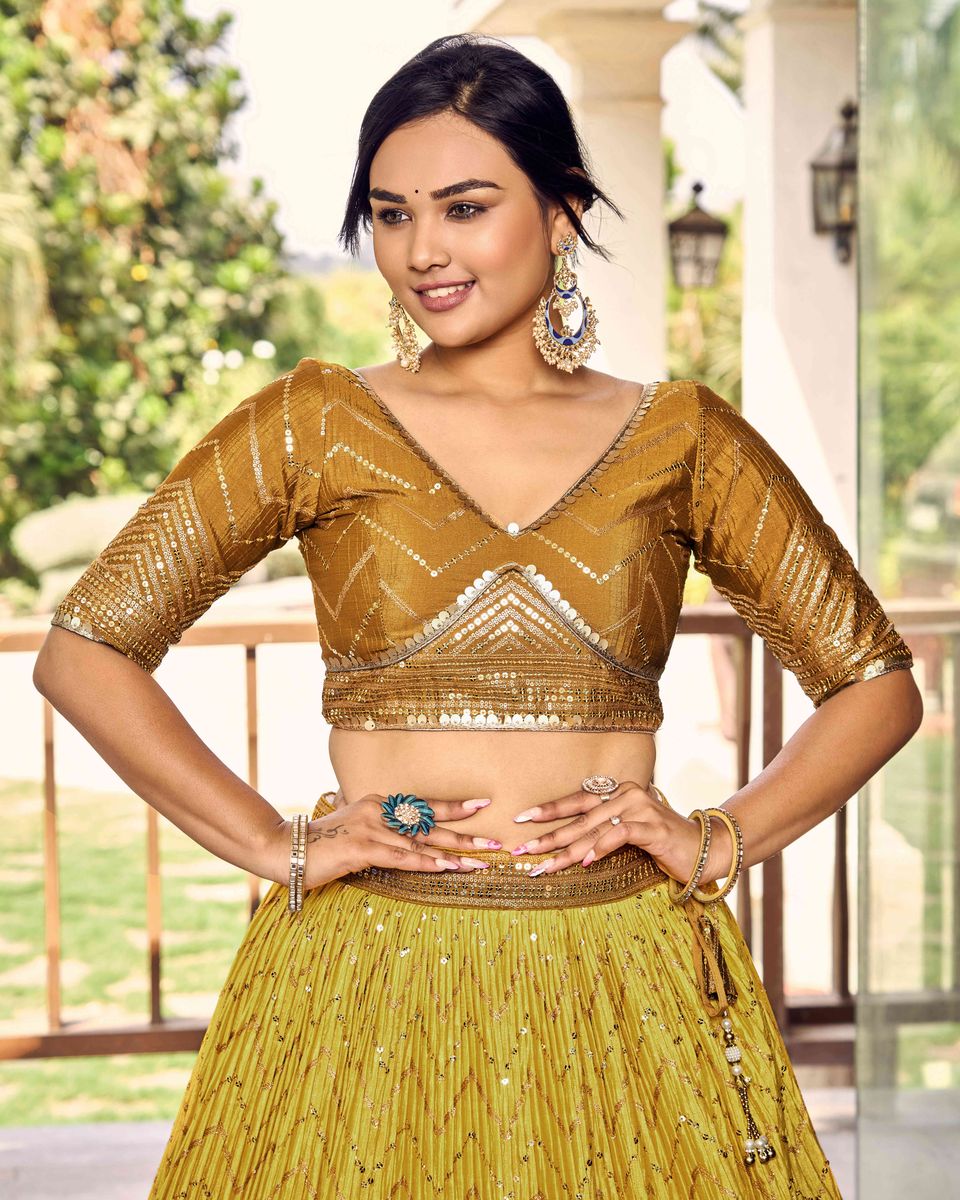 YELLOW SEQUINS THREAD EMBROIDERY WORK LEHENGA CHOLI