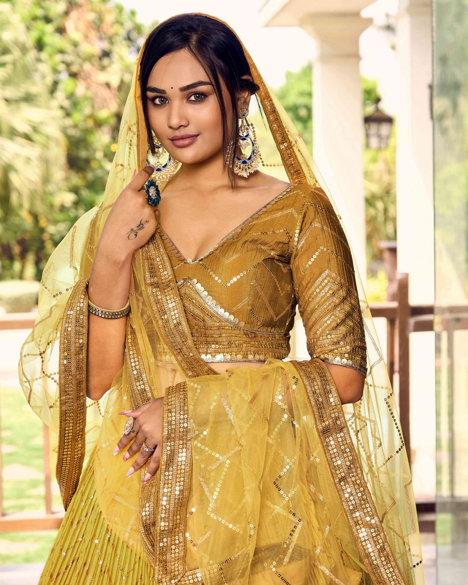 YELLOW SEQUINS THREAD EMBROIDERY WORK LEHENGA CHOLI