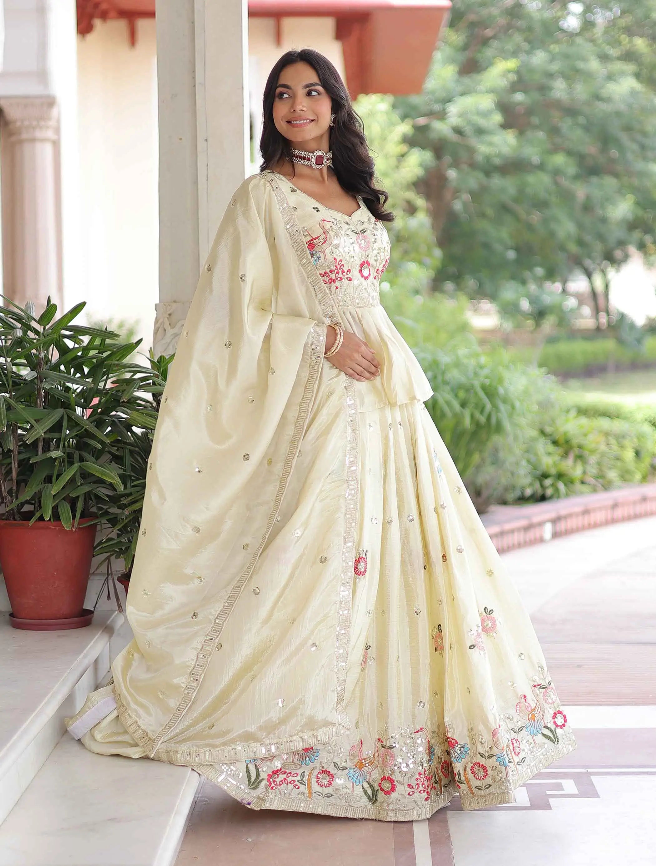 Beige Gold crush Embroidery Work Lehenga Choli