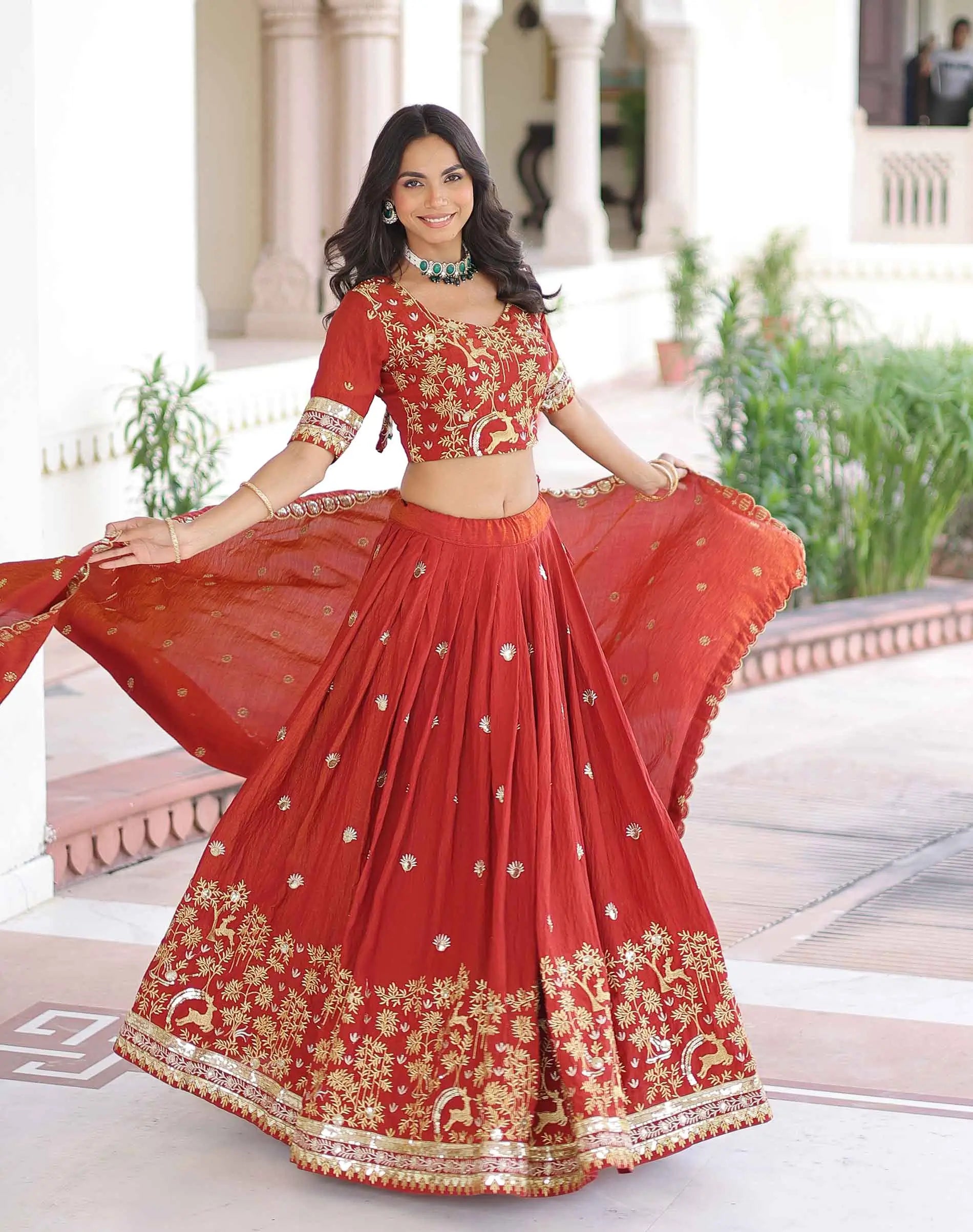 Red Brown Embroidery Work Lehenga Choli