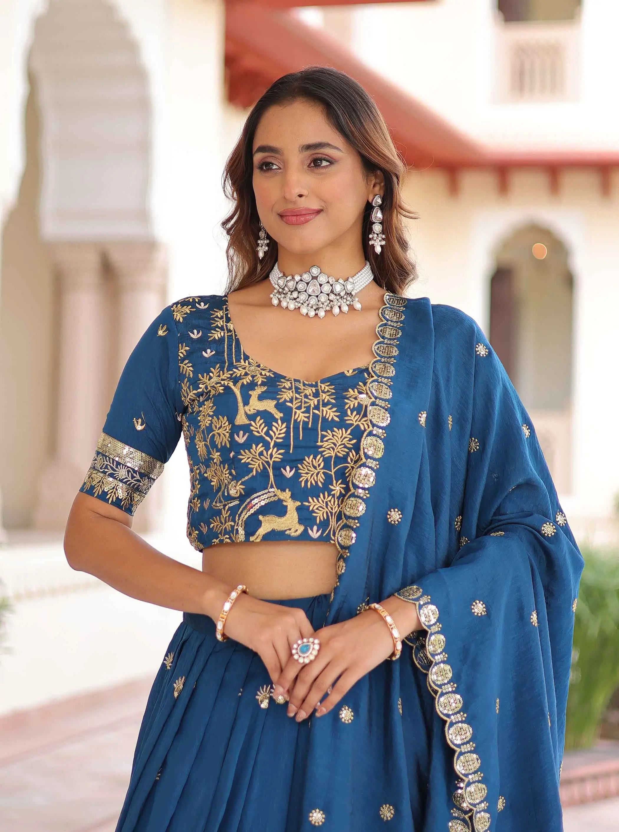 Muted Blue Embroidery Work Lehenga Choli
