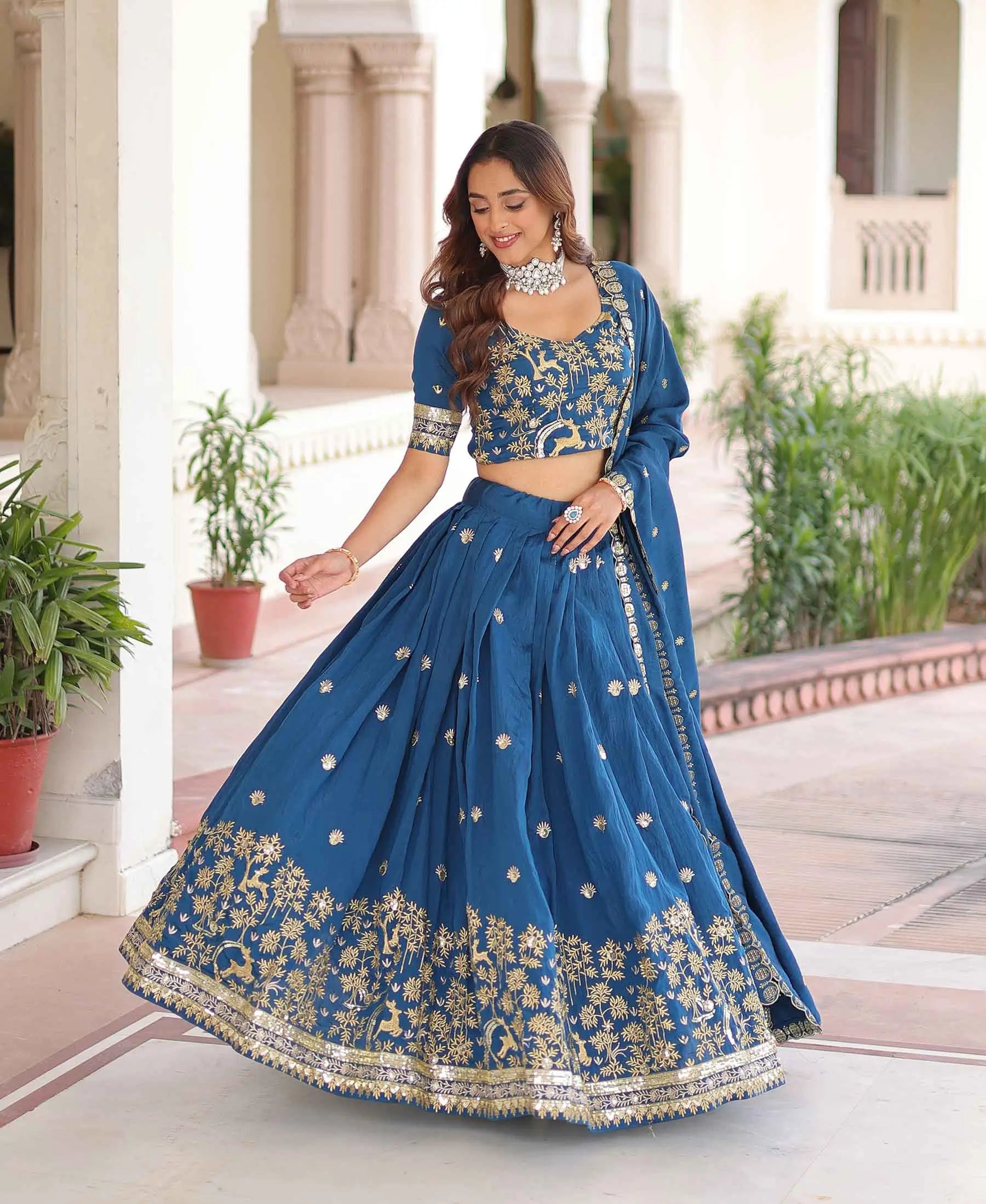 Muted Blue Embroidery Work Lehenga Choli