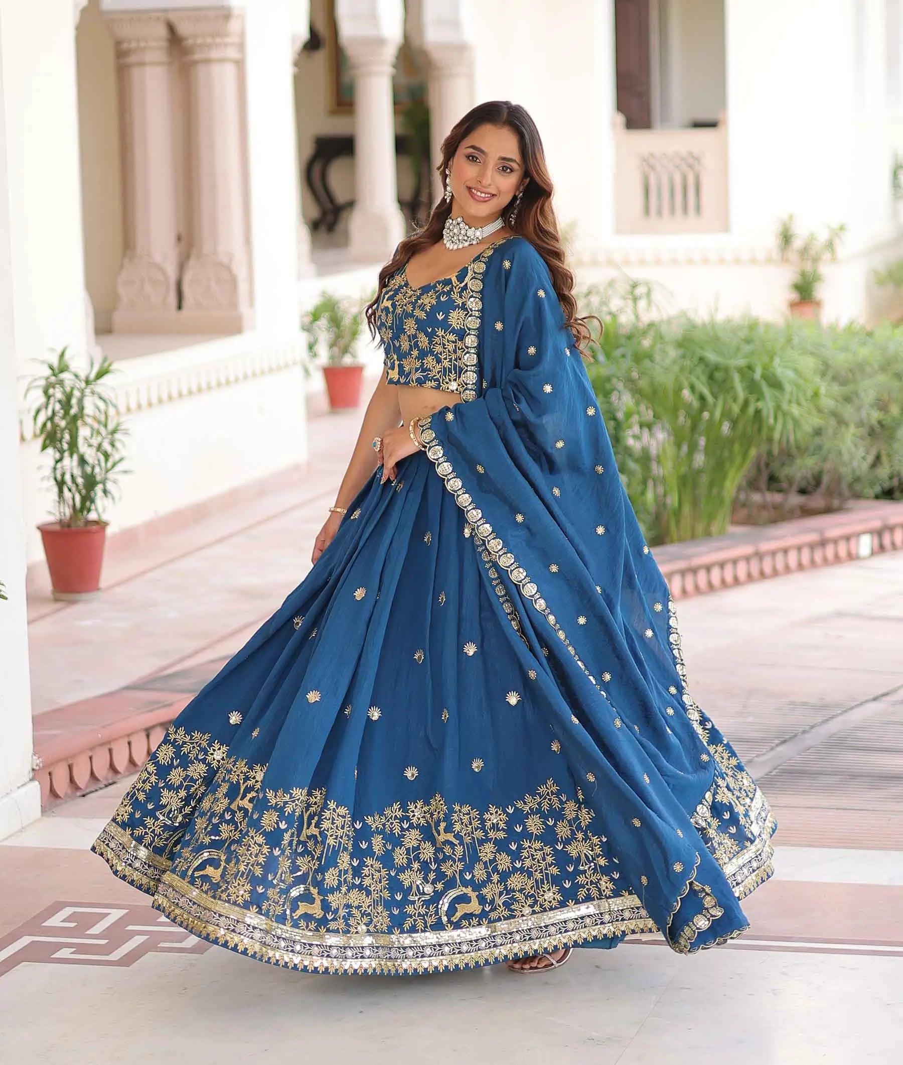 Muted Blue Embroidery Work Lehenga Choli