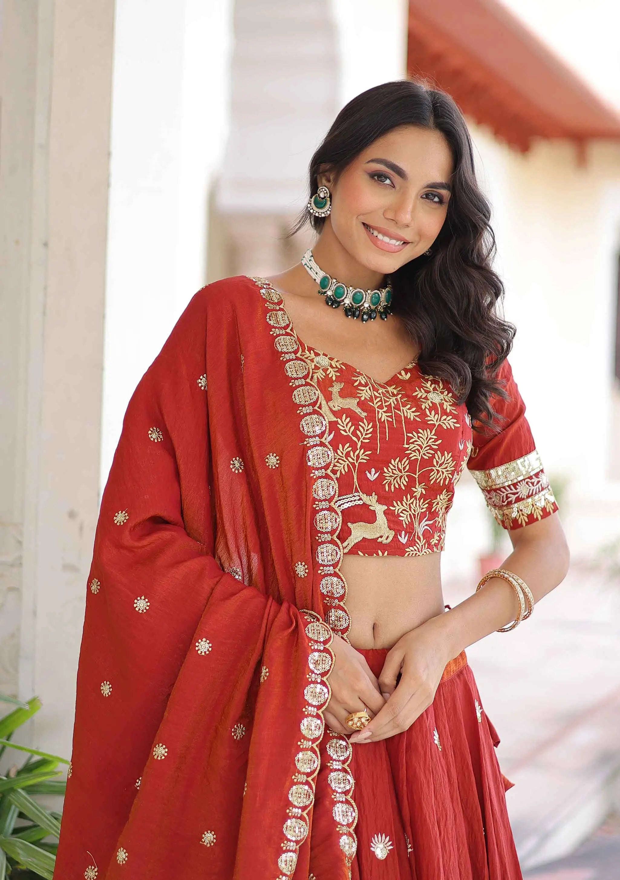 Red Brown Embroidery Work Lehenga Choli