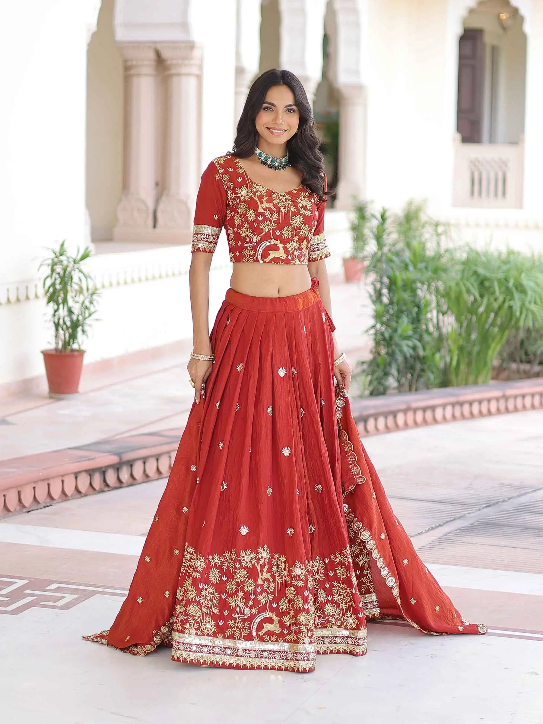 Red Brown Embroidery Work Lehenga Choli