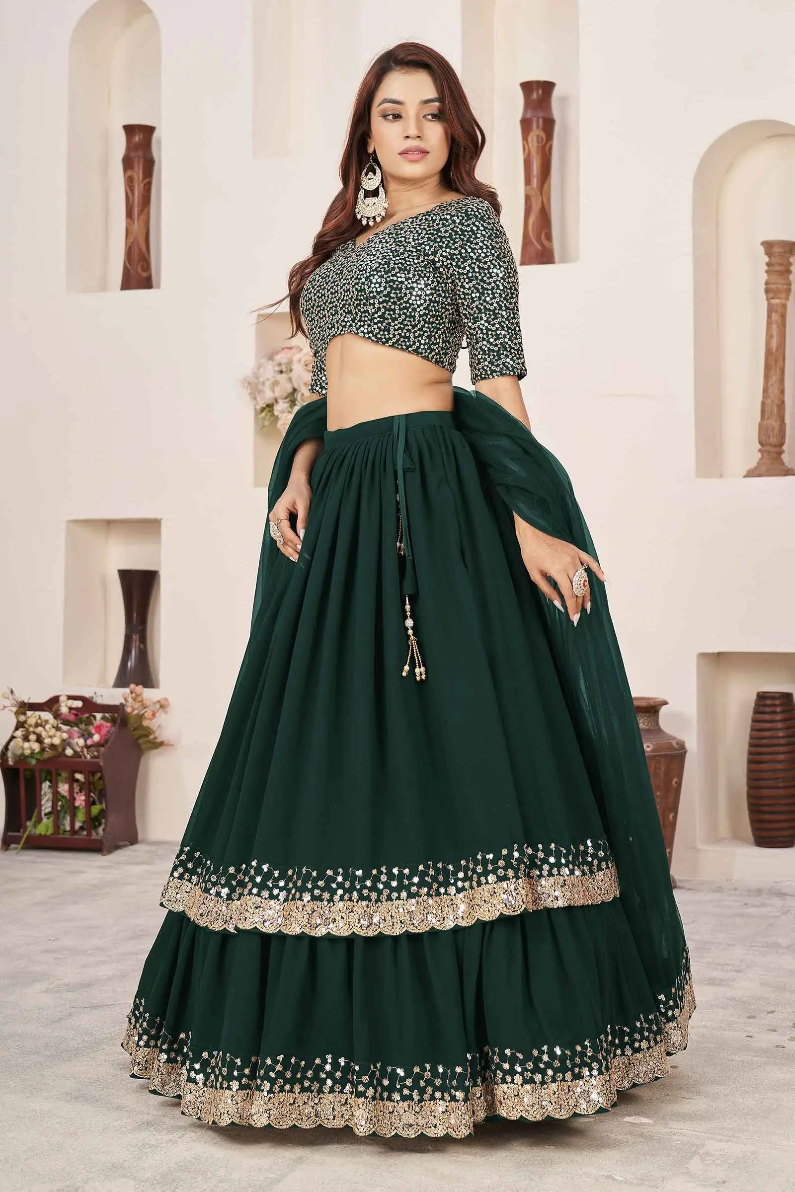 Green Designer Georgette Lehenga With Sequins And Zari embroidery Work | Ready To Wear - qivii