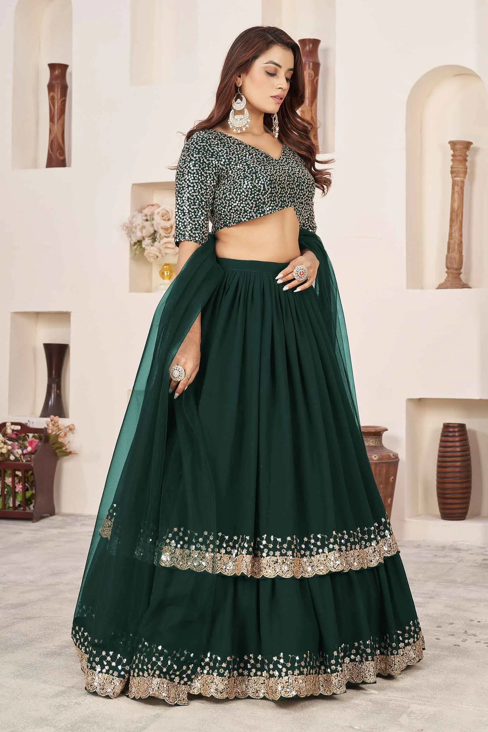 Green Designer Georgette Lehenga With Sequins And Zari embroidery Work | Ready To Wear - qivii