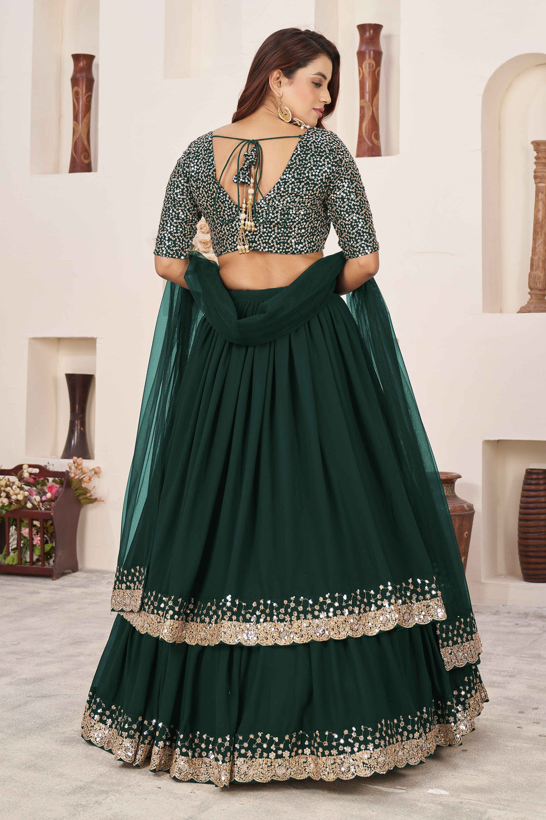 Dazzling Green Sequins Georgette Wedding Wear Lehenga Choli