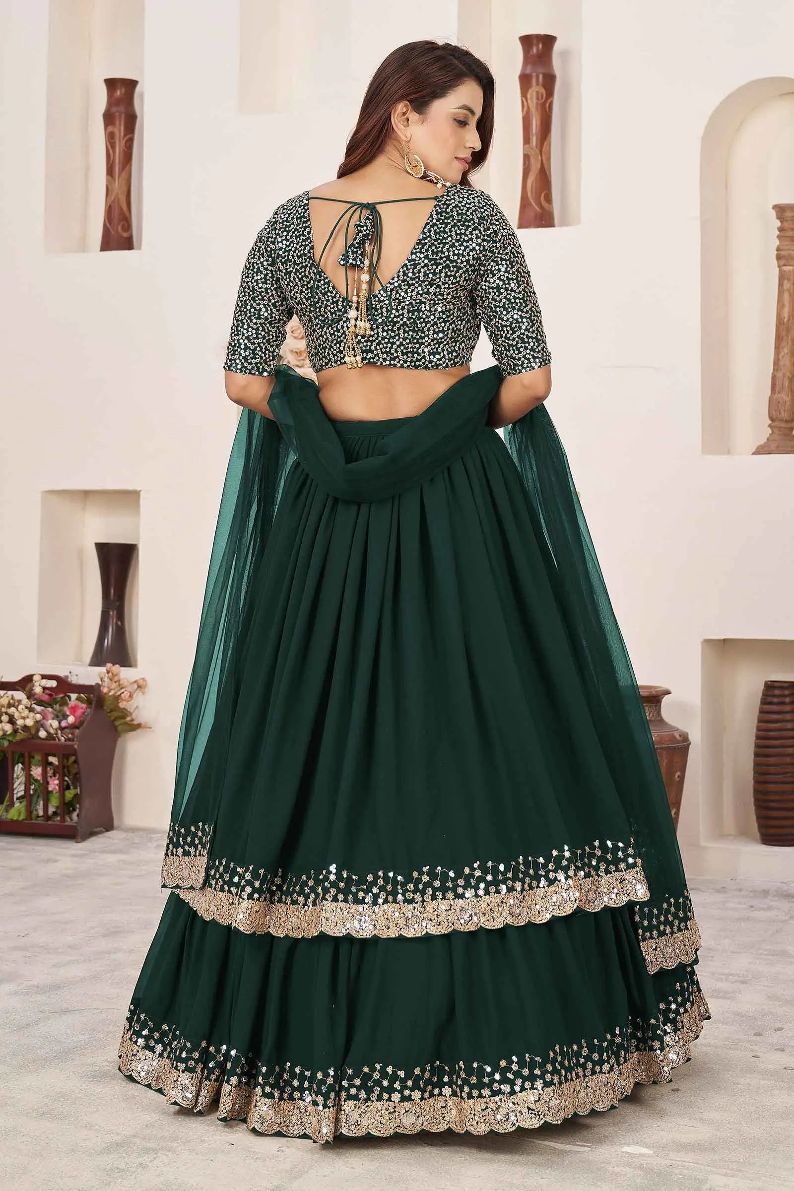 Green Designer Georgette Lehenga With Sequins And Zari embroidery Work | Ready To Wear - qivii