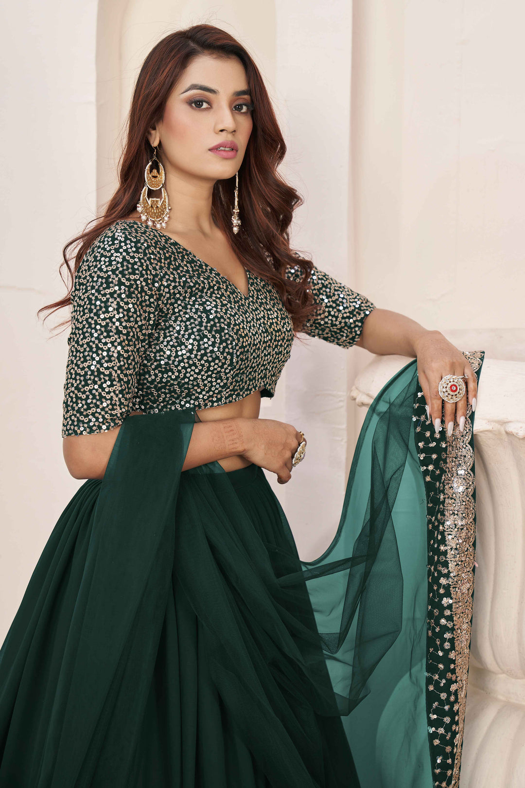 Dazzling Green Sequins Georgette Wedding Wear Lehenga Choli