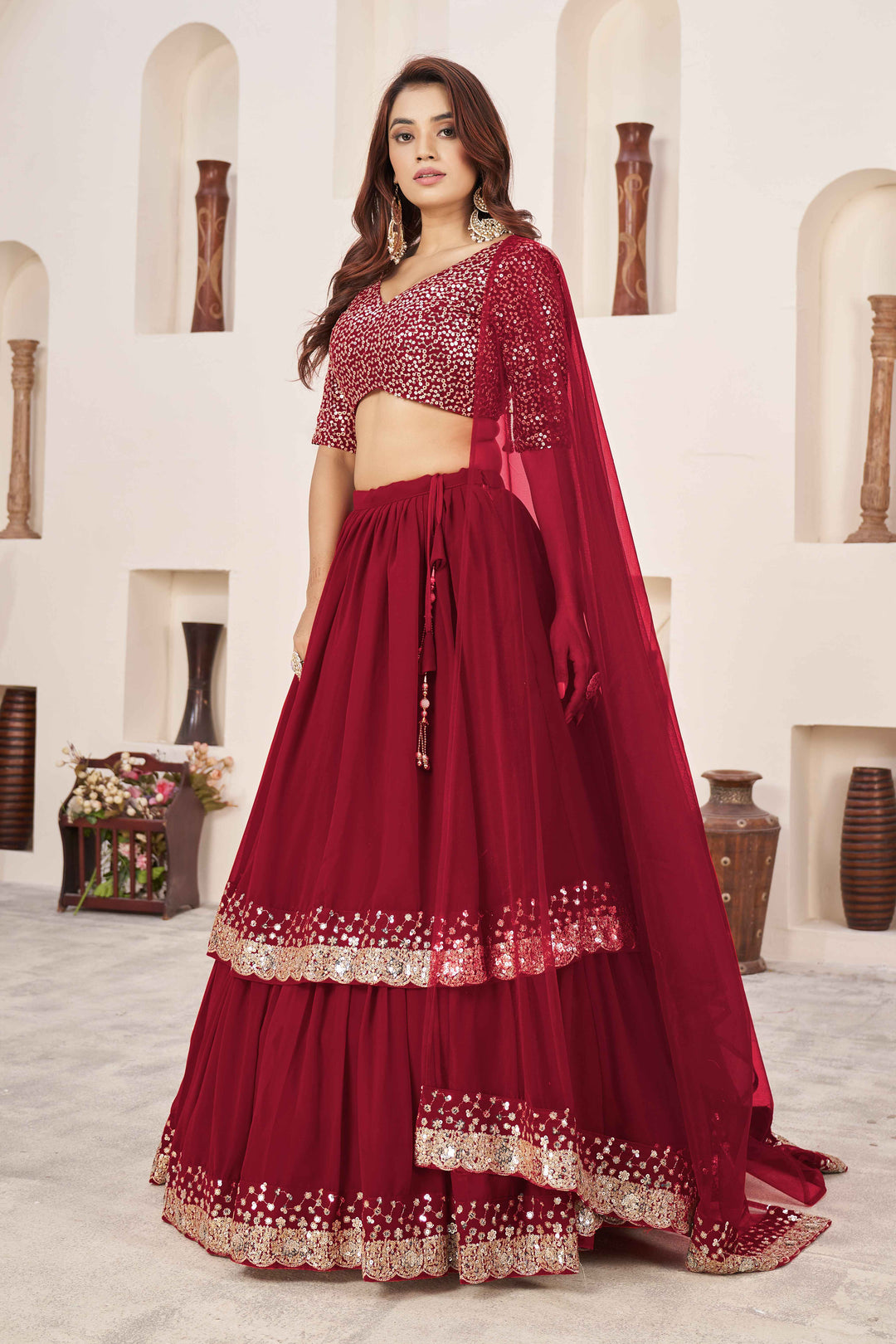 Dazzling Red Sequins Georgette Wedding Wear Lehenga Choli