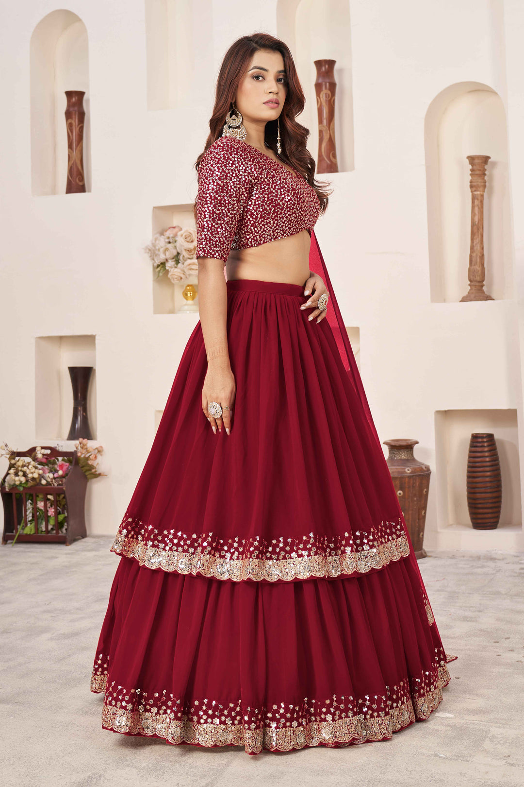 Dazzling Red Sequins Georgette Wedding Wear Lehenga Choli