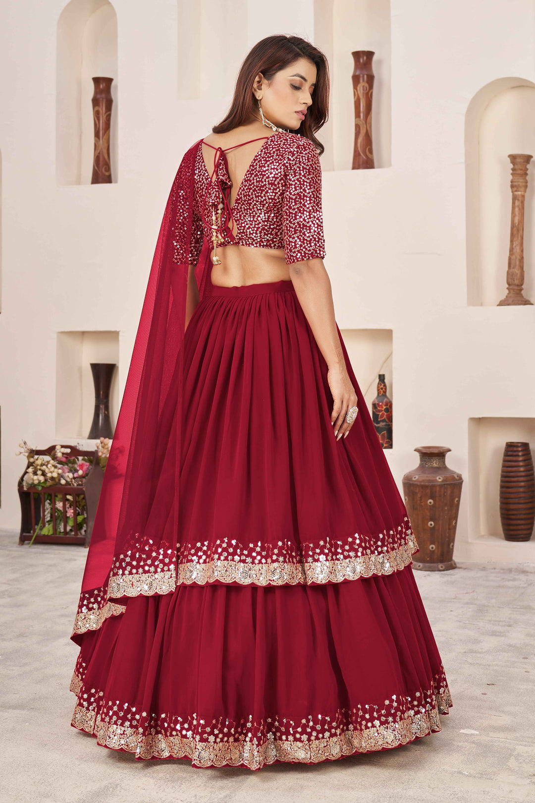 Dazzling Red Sequins Georgette Wedding Wear Lehenga Choli