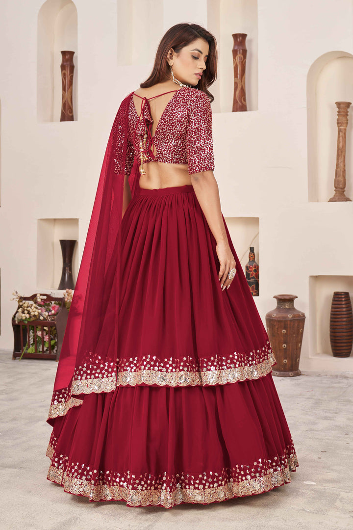 Dazzling Red Sequins Georgette Wedding Wear Lehenga Choli