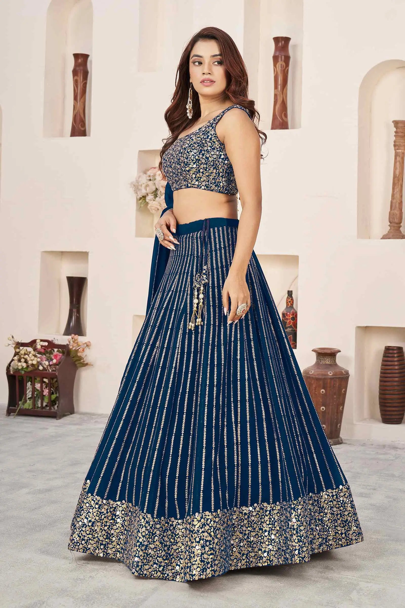 Prussian Blue Georgette Lehenga With Sequins And Zari Embroidered Work