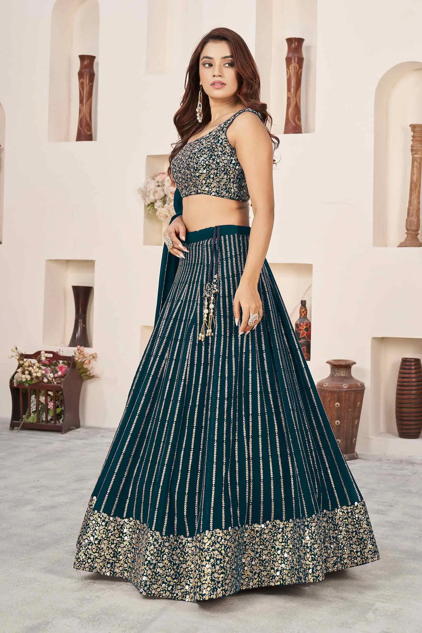 Green Vogue Georgette Sequins And Zari Embroidered Lehenga choli