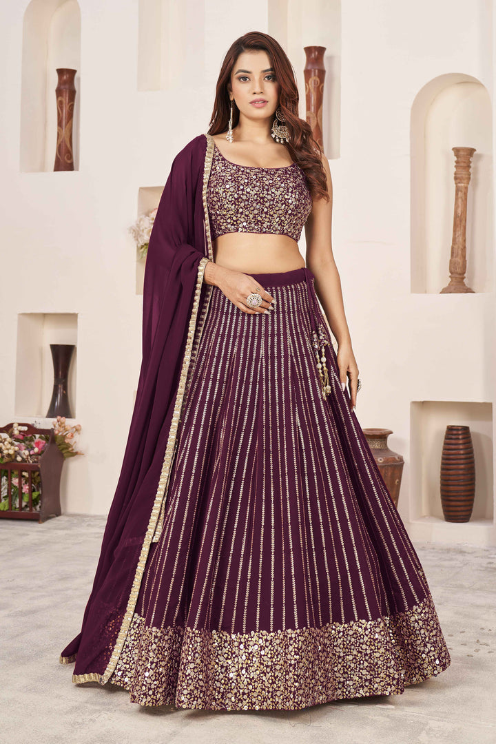 Dazzling Wine Sequins Georgette Wedding Wear Lehenga Choli