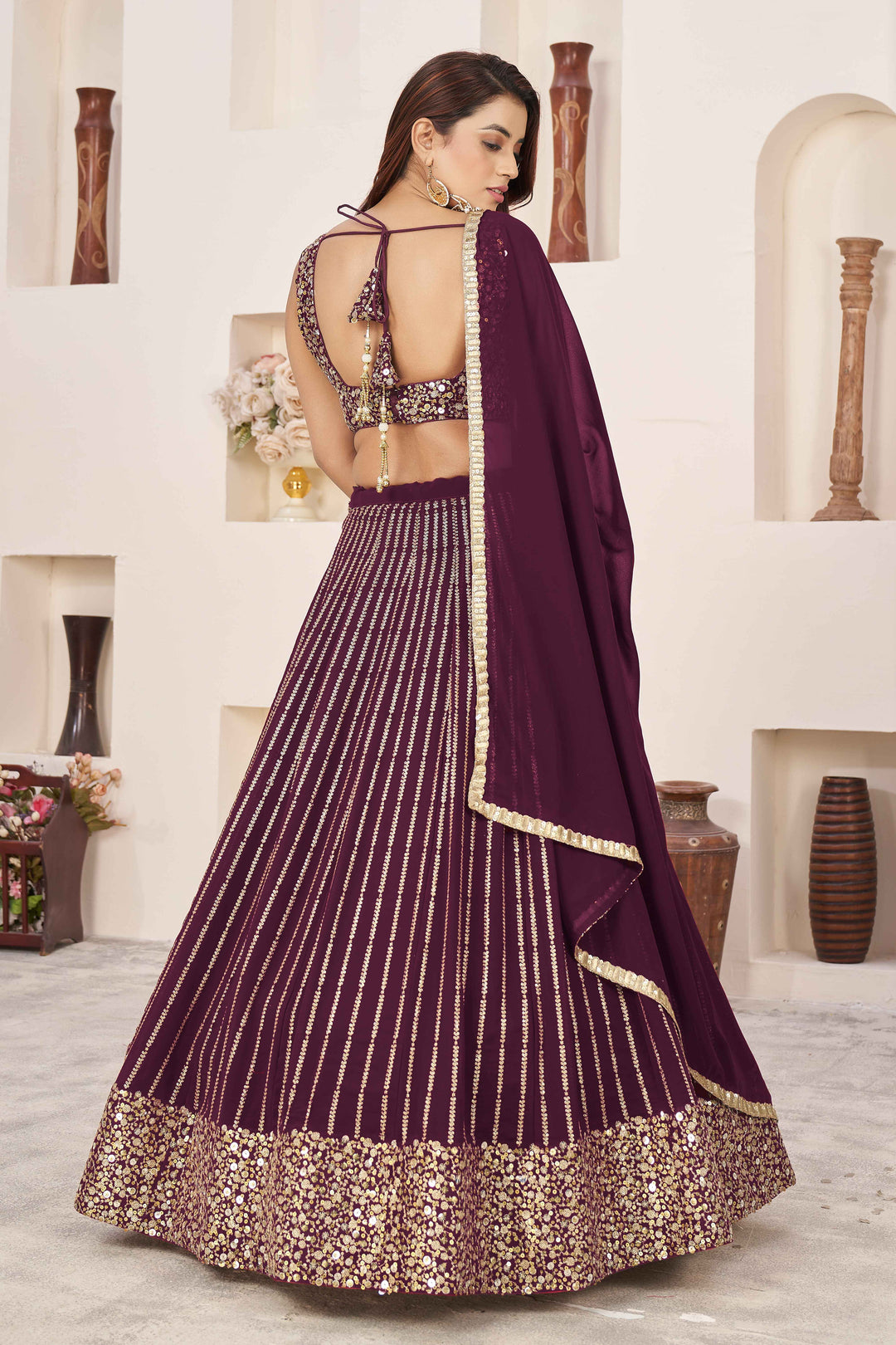 Dazzling Wine Sequins Georgette Wedding Wear Lehenga Choli