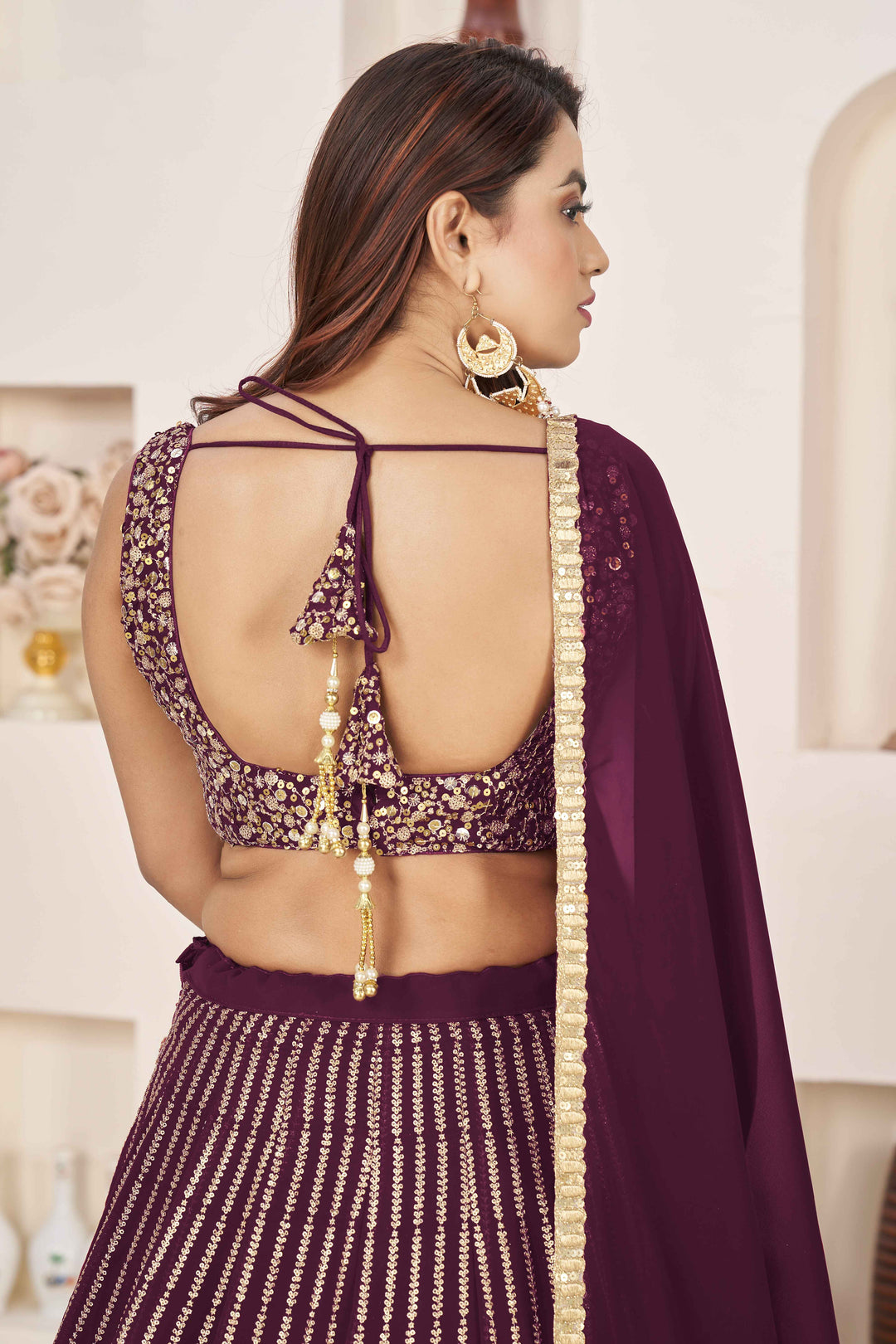 Dazzling Wine Sequins Georgette Wedding Wear Lehenga Choli