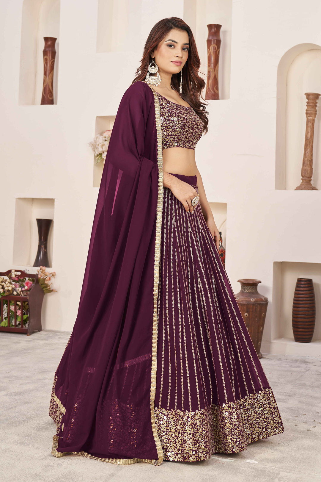 Dazzling Wine Sequins Georgette Wedding Wear Lehenga Choli