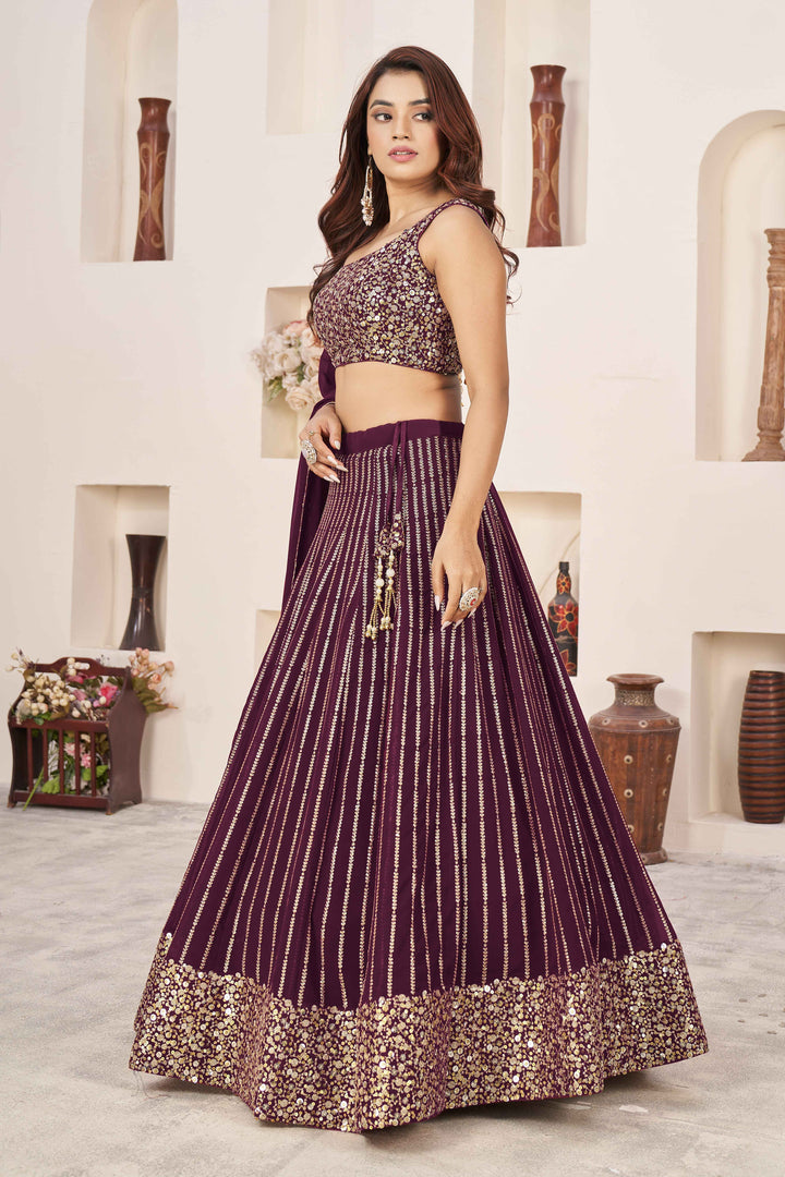 Dazzling Wine Sequins Georgette Wedding Wear Lehenga Choli